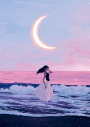 Rule 34 | beach, from side, highres, joze, moon, ocean, original, pink sky, sky, solo, standing, star (sky), starry sky, sunset, wading