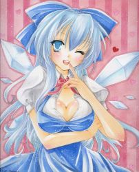 Rule 34 | 1girl, blue eyes, blue hair, bow, breast hold, breasts, cirno, cleavage, hair bow, large breasts, long hair, marker (medium), matching hair/eyes, millipen (medium), mitsuba (threeleaf), aged up, one eye closed, pastel (medium), smile, solo, embodiment of scarlet devil, touhou, traditional media, wings