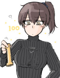 Rule 34 | 1girl, ?, alternate costume, black sweater, breasts, brown eyes, brown hair, commentary request, highres, holding, kaga (kancolle), kantai collection, large breasts, long hair, ribbed sweater, side ponytail, simple background, solo, sweater, tatahai, upper body, white background
