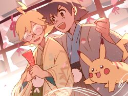 Rule 34 | 2boys, :d, ^ ^, ahoge, ash ketchum, blonde hair, brown eyes, clemont (pokemon), clenched hand, closed eyes, closed mouth, commentary request, creatures (company), falling petals, game freak, gen 1 pokemon, glasses, grey jacket, hakama, highres, holding, jacket, japanese clothes, kimono, male focus, multiple boys, nintendo, open clothes, open jacket, open mouth, petals, pikachu, pokemon, pokemon (anime), pokemon (creature), pokemon xy (anime), round eyewear, short hair, smile, suikaels, teeth, upper teeth only