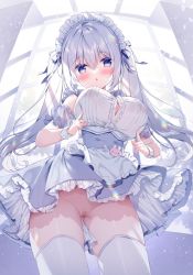 Rule 34 | 1girl, arched back, armpits, bare shoulders, blue eyes, blue hair, blurry, blurry background, blush, breast poke, breasts, cleavage, dress, frilled dress, frilled skirt, frilled sleeves, frills, hair between eyes, hair ornament, hair ribbon, head bowed, head tilt, hisagi (puchimaple), large breasts, light blue hair, long hair, looking at viewer, looking down, maid, maid headdress, no bra, no panties, open mouth, original, poking, pussy, rainbow, ribbon, see-through, shadow, shiny skin, simple background, skirt, stick, sunlight, thighhighs, thighs, twintails, very long hair, white hair, window
