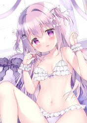 Rule 34 | 1girl, :d, azumi kazuki, bare shoulders, bikini, blush, bow, breasts, collarbone, commentary request, hair between eyes, hair bow, hair ribbon, hands up, highres, holding, layered bikini, looking at viewer, mismatched bikini, navel, open mouth, original, pink hair, purple bikini, purple eyes, ribbon, small breasts, smile, solo, swimsuit, two side up, white bikini, white bow, white ribbon, wrist cuffs