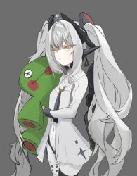 Rule 34 | 1girl, bodysuit, closed mouth, cross-shaped pupils, doll, floating, floating hair ornament, floating object, floating weapon, grey background, grey bodysuit, grey hair, headgear, highres, holding, holding doll, long hair, luna: laurel (punishing: gray raven), luna (punishing: gray raven), mechanical legs, orange eyes, punishing: gray raven, sidelocks, stuffed toy, symbol-shaped pupils, twintails, vvhu7357