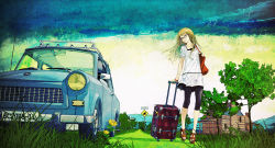 Rule 34 | 1girl, bag, blonde hair, car, dress, female focus, flower, glasses, grass, highres, house, light smile, long hair, motor vehicle, nature, outdoors, plant, redjuice, revision, road sign, rolling suitcase, sandals, sign, sky, solo, star (symbol), suitcase, supercell (band), trabant, tree, vehicle, yellow eyes