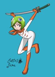 Rule 34 | 1girl, absurdres, arms up, bleach, blue background, bodysuit, boots, brown eyes, female focus, full body, gloves, green hair, highres, holding, holding sword, holding weapon, katana, knee boots, kuna mashiro, looking at viewer, orange footwear, orange gloves, orange scarf, parted lips, scarf, short hair, simple background, solidcharles, solo, standing, standing on one leg, sword, weapon, white bodysuit