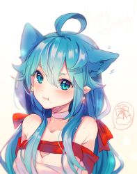 Rule 34 | 1girl, :t, ahoge, animal ears, artist name, bare shoulders, blue eyes, blue hair, blush, borrowed character, bow, cat ears, cat girl, choker, closed mouth, collarbone, commentary, ear wiggle, earrings, english commentary, gift, gradient background, hair between eyes, hyanna-natsu, jewelry, long hair, looking at viewer, low-tied long hair, low twintails, mole, mole under mouth, motion lines, off shoulder, original, pink background, pout, solo, star (symbol), star earrings, twintails, upper body, v-shaped eyebrows, white choker