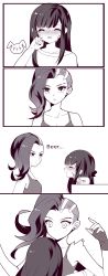 Rule 34 | 2girls, 4koma, absurdres, asymmetrical hair, beer can, blush, breasts, can, casual, closed eyes, comic, d.va (overwatch), drink can, drunk, earrings, english text, facial mark, facing another, female focus, fingerless gloves, glomp, gloves, highres, hug, jewelry, kaoruru (sakuno2911), long hair, looking at another, medium breasts, mole, mole under eye, monochrome, multiple girls, overwatch, overwatch 1, parted lips, shirt, short sleeves, simple background, sombra (overwatch), spot color, stud earrings, surprised, t-shirt, tank top, trembling, upper body, whisker markings, white background, wide-eyed, yuri