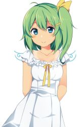 Rule 34 | 1girl, :&gt;, ahoge, arms behind back, blue eyes, breasts, collarbone, commentary request, daiyousei, dress, fujishiro emyu, green hair, hair ribbon, highres, looking at viewer, medium breasts, ribbon, side ponytail, simple background, smile, solo, sundress, tan, tanline, touhou, white background, white dress, yellow ribbon