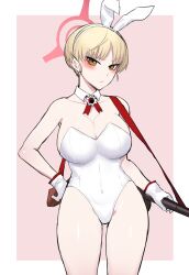Rule 34 | 1girl, animal ears, blonde hair, blue archive, blush, breasts, cleavage, collarbone, covered navel, detached collar, fake animal ears, gloves, gun, gun sling, halo, hand on own hip, highres, holding, holding gun, holding weapon, ichigai (hayawossan), large breasts, leotard, looking at viewer, marina (blue archive), playboy bunny, short hair, simple background, solo, strapless, strapless leotard, two-tone background, weapon, white gloves, white leotard
