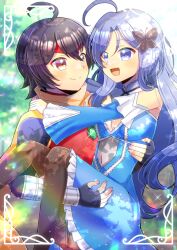 Rule 34 | 1boy, 1girl, :d, ahoge, black hair, blue dress, blue sleeves, blurry, blurry background, breasts, brown eyes, brown pantyhose, butterfly hair ornament, carrying, cleavage, closed mouth, commentary request, commission, depth of field, detached sleeves, dress, eye contact, frilled dress, frills, gem, green gemstone, grey eyes, grey hair, hair ornament, hairclip, kou hiyoyo, long hair, long sleeves, looking at another, medium breasts, open mouth, original, pantyhose, parted bangs, princess carry, skeb commission, smile, very long hair, wide sleeves