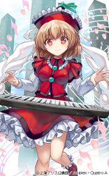 Rule 34 | breasts, brown eyes, brown hair, check commentary, commentary, commentary request, fuepo, full body, hat, instrument, keyboard (instrument), long sleeves, lyrica prismriver, mary janes, medium breasts, musical note, musical note background, official art, red footwear, red headwear, red skirt, red vest, shirt, shoes, short hair, skirt, skirt set, smile, socks, touhou, touhou cannonball, vest, white shirt, white socks