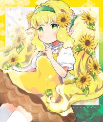 Rule 34 | 1girl, absurdres, blonde hair, closed mouth, dot mouth, dotted line, dress, falling petals, flower, green eyes, hair flower, hair intakes, hair ornament, hairband, highres, long hair, original, petals, pinafore dress, shamo3, short sleeves, sleeveless, sleeveless dress, solo, sunflower, sunflower hair ornament, thick eyebrows, thighhighs, twintails, very long hair