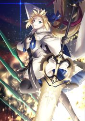 Rule 34 | 1girl, ahoge, armor, armored dress, artoria caster (fate), artoria caster (third ascension) (fate), artoria pendragon (fate), black gloves, blonde hair, blue ribbon, blurry, blush, bokeh, boots, breastplate, breasts, capelet, cloak, crown, depth of field, dress, facial mark, fate/grand order, fate (series), faulds, forehead mark, fur-trimmed capelet, fur trim, gloves, green eyes, hair ribbon, high heels, highres, long hair, long sleeves, looking at viewer, marmyadose (fate), night, night sky, revision, ribbon, shoori (migiha), sky, small breasts, smile, solo, thigh boots, thighs, twintails, very long hair, white capelet, white cloak, white dress