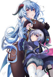 Rule 34 | 2girls, ahoge, bell, blue hair, blush, braid, breasts, commentary, cowbell, ganyu (genshin impact), genshin impact, goat horns, hat, hirai yuzuki, horns, hug, jiangshi, large breasts, long hair, long sleeves, looking at viewer, multiple girls, open mouth, purple eyes, purple hair, purple headwear, qingdai guanmao, qiqi (genshin impact), simple background, small breasts, talisman, white background