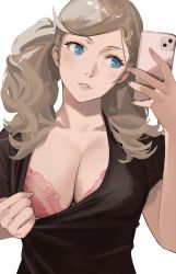 Rule 34 | 1girl, absurdres, black shirt, blonde hair, blouse, blue eyes, bra, breasts, cleavage, female focus, hair ornament, highres, j@ck, large breasts, lips, persona, persona 5, pink bra, selfie, shirt, simple background, smile, solo, takamaki anne, twintails, underwear, upper body, white background