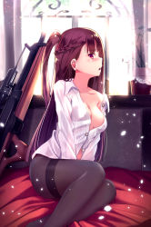 Rule 34 | 1girl, :o, backlighting, bed sheet, blush, breasts, brown hair, bullpup, cleavage, collarbone, day, dress shirt, girls&#039; frontline, gun, half updo, highres, indoors, legs together, long hair, medium breasts, one side up, open mouth, pantyhose, petals, plant, potted plant, profile, purple eyes, rifle, shirt, sitting, sniper rifle, solo, thighband pantyhose, thighs, tsundere, wa2000 (girls&#039; frontline), walther, walther wa 2000, weapon, yan (nicknikg), yokozuwari