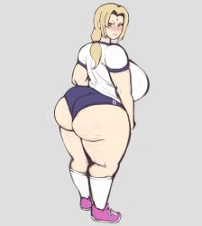 Rule 34 | 1girl, ass, blonde hair, blush, breasts, brown eyes, cellulite, crossnsfw, gym uniform, huge ass, huge breasts, lipstick, makeup, mature female, naruto (series), shirt, shoes, socks, tsunade (naruto), underwear, wedgie
