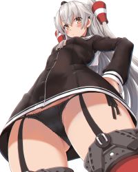Rule 34 | 1girl, amatsukaze (kancolle), black panties, blush, breasts, buttons, chromatic aberration, closed mouth, dd (ijigendd), dress, from below, garter straps, hair tubes, highres, kantai collection, long hair, long sleeves, looking at viewer, orange eyes, panties, red thighhighs, sailor collar, sailor dress, see-through, side-tie panties, silver hair, simple background, small breasts, solo, thighhighs, two side up, underwear, white background