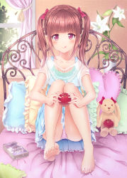 Rule 34 | 1girl, :p, alc (ex2 lv), apple, bad id, bad pixiv id, barefoot, bed, blush, book, bow, brown hair, curtains, feet, flower, flower pot, food, frilled pillow, frills, fruit, hair bow, hair ribbon, highres, indoors, legs, lily (flower), long hair, original, pajamas, panties, pillow, purple eyes, ribbon, short hair, sitting, smile, soles, solo, striped clothes, striped panties, stuffed animal, stuffed rabbit, stuffed toy, toes, tongue, tongue out, twintails, underwear, window
