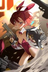 Rule 34 | 1girl, absurdres, angry, animal ears, beretta 92, blue archive, bow, bowtie, breasts, covered navel, detached collar, earrings, fake animal ears, gluteal fold, gun, hairband, handgun, highleg, highleg leotard, highres, incoming attack, jacket, jewelry, jiki (gkdlfnzo1245), leotard, light blush, looking at viewer, neru (blue archive), neru (bunny) (blue archive), open clothes, open jacket, orange hair, playboy bunny, rabbit ears, red bow, red bowtie, red eyes, shoes, short hair, small breasts, solo, submachine gun, thighs, traditional bowtie, unworn shoe, unworn shoes, v-shaped eyebrows, weapon, wing collar
