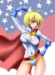 Rule 34 | 1girl, animification, belt, belt skirt, blonde hair, blue eyes, breasts, cape, cleavage, cleavage cutout, clothing cutout, dc comics, gloves, kryptonian, leotard, long sleeves, paki aki, power girl, red cape, short hair, solo, superman (series)