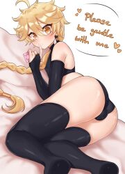 Rule 34 | 1boy, aether (genshin impact), ahoge, ass, black thighhighs, blonde hair, blush, braid, braided ponytail, bulge, condom, condom wrapper, crop top, crossdressing, english text, finger to mouth, fingerless gloves, genshin impact, gloves, heart, highres, legs, long hair, looking at viewer, male focus, on bed, panties, ponytail, presenting, sleepy (mu68968), thighhighs, thighs, underwear, very long hair, yellow eyes