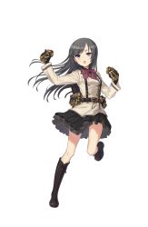 Rule 34 | 1girl, backpack, bag, belt, belt pouch, black gloves, black hair, black skirt, boots, cross-laced footwear, full body, gloves, highres, lace-up boots, long hair, looking at viewer, official art, open mouth, pocket, pouch, princess principal, princess principal game of mission, purple eyes, skirt, sophie mackenzie, standing, standing on one leg, transparent background, watch