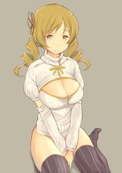 Rule 34 | 10s, 1girl, arm warmers, between legs, black thighhighs, blonde hair, bottomless, breasts, cleavage cutout, clothing cutout, covering privates, covering crotch, drill hair, hand between legs, highres, large breasts, mahou shoujo madoka magica, mahou shoujo madoka magica (anime), meme attire, naked sweater, no panties, open-chest sweater, pinstripe pattern, ribbed sweater, sitting, solo, spread legs, striped, sweater, thighhighs, thighs, tomoe mami, turtleneck, twin drills, twintails, wa (genryusui), yellow eyes