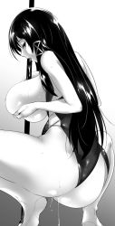 Rule 34 | 1girl, ass, between breasts, breasts, breasts out, greyscale, huge breasts, licking, long hair, monochrome, one-piece swimsuit, os-tan, pole, pussy juice, saliva, squatting, swimsuit, tomohiro kai, tongue, xp-tan
