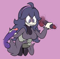 Rule 34 | 1girl, @ @, ahoge, between legs, breasts, creatures (company), disembodied limb, disembodied penis, double handjob, dress, drooling, erection, full body, game freak, hairband, handjob, hands up, hex maniac (pokemon), highres, kneeling, large breasts, leaning forward, leggings, long hair, long sleeves, looking down, matching hair/eyes, miscon, multiple penises, nintendo, npc trainer, penis, pink background, pokemon, pokemon xy, purple dress, purple eyes, purple hair, purple hairband, purple leggings, saliva, simple background, smile, solo, teeth, testicles, thigh sex, turtleneck, turtleneck dress, uncensored