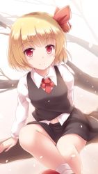 Rule 34 | 1girl, black skirt, black vest, blonde hair, commentary request, hair ribbon, highres, in tree, long sleeves, looking at viewer, lzh, navel, necktie, petals, red eyes, red necktie, red ribbon, ribbon, rumia, shirt, short hair, sitting, sitting in tree, skirt, skirt set, smile, solo, split mouth, touhou, tree, vest, white shirt