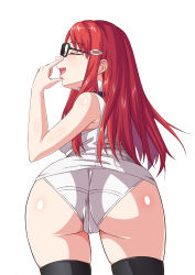 Rule 34 | 1girl, absurdres, ass, bare shoulders, blush, breasts, cameltoe, closed eyes, cmcqc, from behind, glasses, highres, huge ass, long hair, medium breasts, minerva victor, open mouth, panties, red hair, senjou no valkyria (series), senjou no valkyria 4, shiny clothes, shiny skin, shirt, sideboob, smile, solo, thighhighs, underwear, very long hair