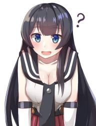 Rule 34 | 10s, 1girl, :d, ?, agano (kancolle), bad id, bad pixiv id, black hair, blue eyes, blush, breasts, cleavage, highres, kantai collection, lerche, long hair, looking at viewer, open mouth, simple background, smile, solo, white background