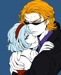 Rule 34 | 10s, 1boy, 1girl, bare shoulders, black-framed eyewear, blonde hair, blue background, blue eyes, blue hair, bob cut, breasts, cis (tiger &amp; bunny), cleavage, closed mouth, couple, dress, expressionless, hairband, hand on another&#039;s shoulder, hetero, hidden eyes, hug, jacket, keith goodman, looking at viewer, mozuwaka, one eye covered, parted lips, red dress, short hair, simple background, sleeveless, sleeveless dress, sunglasses, teeth, tiger &amp; bunny, upper body, white hair