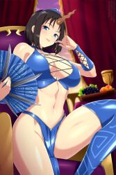 1girl black_hair blue_eyes blue_thighhighs blurry blurry_background breasts cosplay dragon_girl dragon_horns elma_(maidragon) food fruit grapes hand_fan highres holding holding_fan holding_food horns kitana kitana_(cosplay) kobayashi-san_chi_no_maidragon large_breasts lindaroze looking_at_viewer medium_hair mortal_kombat_(series) navel pelvic_curtain sitting solo thighhighs thighs tongue tongue_out