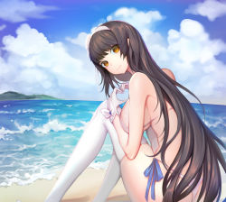 Rule 34 | 1girl, absurdres, ass, bad id, bad pixiv id, beach, bikini, black hair, blush, breasts, brown eyes, closed mouth, day, girls&#039; frontline, gloves, heart, heart hands, highres, large breasts, long hair, looking at viewer, official alternate costume, papupu, sideboob, smile, solo, swimsuit, thighhighs, type 95 (girls&#039; frontline), type 95 (summer cicada) (girls&#039; frontline), white bikini, white gloves, white thighhighs