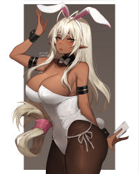 Rule 34 | 1girl, animal ears, antenna hair, arm up, armlet, bad id, bad pixiv id, bare shoulders, between fingers, blonde hair, blush, bow, bowtie, breasts, brown background, brown pantyhose, card, cleavage, closed mouth, collarbone, commentary request, cowboy shot, dark-skinned female, dark elf, dark skin, detached collar, elf, eyelashes, fake animal ears, fake tail, female focus, fishnet pantyhose, fishnets, hair between eyes, hairband, holding, holding card, large breasts, leotard, long hair, looking at viewer, low-tied long hair, orange eyes, outside border, pantyhose, playboy bunny, playing card, pointy ears, rabbit ears, rabbit tail, ribbon, sansei muramasa, sidelocks, solo, soukou akki muramasa, standing, strapless, strapless leotard, tail, terupancake, thighs, twitter username, very long hair, white bow, white bowtie, white hair, white hairband, white leotard, white ribbon, wrist cuffs