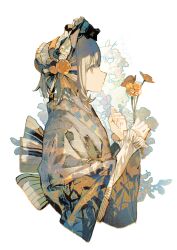 Rule 34 | 1girl, back bow, bonnet, bow, brown eyes, brown hair, chromatic aberration, closed mouth, commentary, cropped torso, expressionless, floral background, floral print, flower, flower request, from side, hair bow, hand up, hands up, highres, holding, holding flower, japanese clothes, kimono, lobelia (saclia), long sleeves, looking ahead, medium hair, muted color, original, print kimono, profile, sidelocks, solo, upper body, white background, wide sleeves