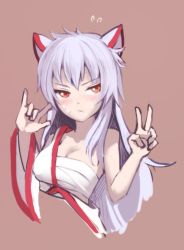 Rule 34 | \m/, aklmmy, animal ears, azur lane, blush, breasts, brown background, cleavage, closed mouth, commentary request, cropped torso, flying sweatdrops, grey hair, hadanugi dousa, hyuuga (azur lane), japanese clothes, kimono, long hair, looking at viewer, medium breasts, open clothes, open kimono, orange eyes, sarashi, simple background, solo, sweat, upper body, v, white kimono