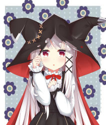 Rule 34 | 1girl, :o, absurdres, animal ears, animal hood, azur lane, black bow, black dress, blush, bow, cape, center frills, commentary request, dress, erebus (azur lane), frills, hair ornament, hairclip, hands up, highres, hood, hood up, hooded cape, long hair, long sleeves, parted lips, red bow, red cape, red eyes, shirt, silver hair, sleeveless, sleeveless dress, sleeves past wrists, solo, very long hair, voids, white shirt