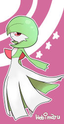 Rule 34 | 1girl, artist name, bob cut, closed mouth, colored skin, creatures (company), female focus, flat chest, from side, full body, game freak, gardevoir, gen 3 pokemon, green hair, green skin, happy, hebimaru, highres, looking at viewer, multicolored skin, nintendo, outline, pokemon, pokemon (creature), purple background, red eyes, short hair, sideways mouth, signature, smile, solo, standing, star (symbol), two-tone skin, white outline, white skin