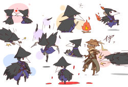 Rule 34 | artist request, black feathers, bloodborne, burning, chibi, crowfeather set, eileen the crow, feathers, fire, hood, hunter (bloodborne), mask, motion lines, plague doctor mask, simple background, sitting, standing, tagme, white background