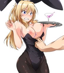 Rule 34 | 1girl, animal ears, assisted exposure, black leotard, black pantyhose, blonde hair, blue eyes, blush, breasts, breasts out, clenched teeth, cup, drinking glass, fake animal ears, highres, kisaragi auc, large breasts, leotard, long hair, nipples, original, pantyhose, playboy bunny, rabbit ears, shiny skin, simple background, solo focus, strapless, strapless leotard, teeth, white background