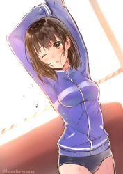 Rule 34 | 1girl, arms up, blush, brown eyes, brown hair, buruma, commentary request, hanekoto, jacket, looking at viewer, one eye closed, original, outstretched arms, school uniform, short hair, sketch, solo, sweat, track jacket, track suit, twitter username