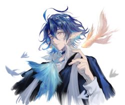 Rule 34 | 1boy, ahoge, arknights, ascot, black choker, blue ascot, blue hair, blue jacket, choker, fish, grey eyes, hand up, highres, infection monitor (arknights), jacket, long sleeves, looking at viewer, lumen (arknights), male focus, messy hair, parted lips, pointy ears, short hair, simple background, solo, white background, yunluo