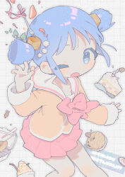 Rule 34 | 1girl, absurdres, blue eyes, blue hair, cake, cake slice, commentary, cube hair ornament, food, food request, fork, fruit, hair ornament, hand up, highres, naganohara mio, nichijou, one eye closed, open mouth, pink skirt, pleated skirt, sailor collar, school uniform, short hair, short twintails, skirt, solo, strawberry, strawberry shortcake, tendoshi, tokisadame school uniform, twintails