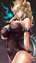 Rule 34 | 1girl, absurdres, arm behind back, armlet, armpits, bare shoulders, black background, blonde hair, blue eyes, blue gemstone, blush, bowsette, bracelet, breasts, breath weapon, breathing fire, cleavage, collar, colored eyelashes, cowboy shot, crown, dress, earrings, eyes visible through hair, fingernails, fire, from side, gem, hair between eyes, hand to own mouth, has bad revision, has downscaled revision, highres, hikari (komitiookami), horns, jewelry, large breasts, leotard, long fingernails, long hair, looking at viewer, mario (series), md5 mismatch, navel, new super mario bros. u deluxe, nintendo, o3o, parted bangs, pointy ears, ponytail, resolution mismatch, sharp teeth, simple background, skin tight, smile, solo, source smaller, spiked armlet, spiked bracelet, spiked collar, spikes, standing, super crown, teeth
