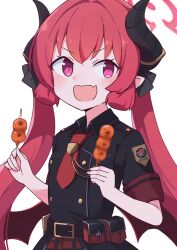 Rule 34 | 1girl, aki inu, black horns, black ribbon, blue archive, dango, fang, food, hair ribbon, halo, holding, holding food, horns, junko (blue archive), long hair, mitarashi dango, necktie, open mouth, pink eyes, pointy ears, red hair, red necktie, red wings, ribbon, short sleeves, sidelocks, simple background, skin fang, solo, twintails, very long hair, wagashi, white background, wings