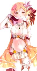 Rule 34 | 1girl, :o, adjusting clothes, alternate costume, bikini, blonde hair, breasts, chestnut mouth, cleavage, detached sleeves, drill hair, flower, groin, hair flower, hair ornament, highres, looking at viewer, magia record: mahou shoujo madoka magica gaiden, mahou shoujo madoka magica, medium breasts, navel, pm chino, skirt, solo, sweat, swimsuit, tomoe mami, tomoe mami (swimsuit ver.), white background, yellow eyes