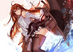 Rule 34 | 10s, 1girl, ahoge, blue eyes, brown hair, from below, hairband, headgear, highres, japanese clothes, joseph lee, kantai collection, kongou (kancolle), kongou kai ni (kancolle), long hair, machinery, nontraditional miko, smile, solo, thighhighs, turret, water